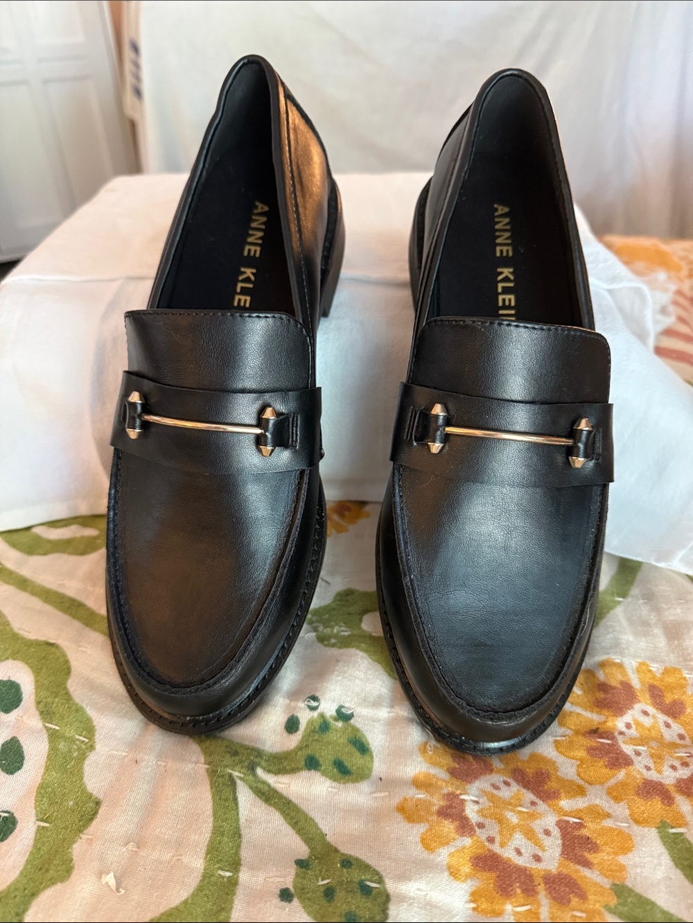 Anne Klein Black Leather Slip-On Loafers with Metal Bit